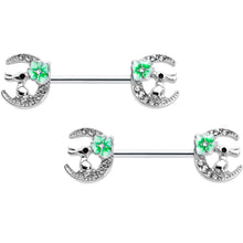 Load image into Gallery viewer, 14G 9/16 Clear Gem Rabbit On Moon Flower Green Nipple Ring Set

