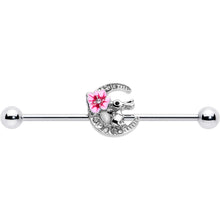 Load image into Gallery viewer, 14G Clear Gem Rabbit On Moon Flower Pink Industrial Barbell 38mm
