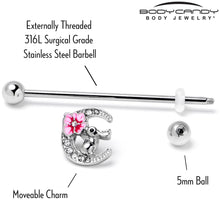 Load image into Gallery viewer, 14G Clear Gem Rabbit On Moon Flower Pink Industrial Barbell 38mm
