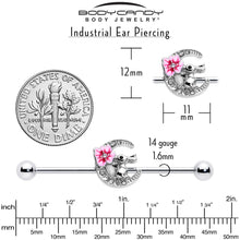 Load image into Gallery viewer, 14G Clear Gem Rabbit On Moon Flower Pink Industrial Barbell 38mm
