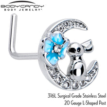 Load image into Gallery viewer, 20G 7mm Clear CZ Gem Rabbit On The Moon Blue L Shape Nose Ring
