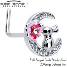 Load image into Gallery viewer, 20G 7mm Clear CZ Gem Rabbit On The Moon Pink L Shape Nose Ring
