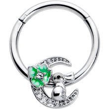 Load image into Gallery viewer, 16G 3/8 Clear CZ Gem Rabbit On The Moon Green Hinged Segment Ring
