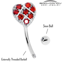 Load image into Gallery viewer, 16G 5/16 Red Gem Lattice Heart Curved Eyebrow Ring
