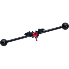 Load image into Gallery viewer, 14G Red Gem Black Bleeding Heart Bat Industrial Barbell 38mm
