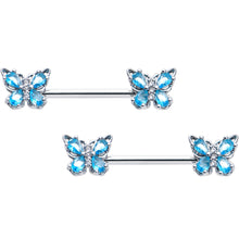 Load image into Gallery viewer, 14G 9/16 Blue Gem Baroque Beauty Butterfly Barbell Nipple Ring Set
