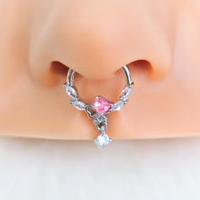 Load image into Gallery viewer, 16G 3/8 Pink CZ Gem Butterfly Heart Dangle Hinged Segment Ring
