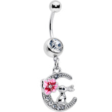 Load image into Gallery viewer, Clear Gem Rabbit On The Moon Pink Dangle Belly Ring

