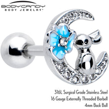Load image into Gallery viewer, 16G 1/4 Clear CZ Gem Rabbit On The Moon Blue Cartilage Earring
