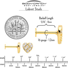 Load image into Gallery viewer, 16G 5/16 Clear Gem Gold Hue Lattice Heart Internally Threaded Labret
