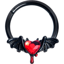 Load image into Gallery viewer, 16G 3/8 Red Gem Black Bleeding Heart Bat Hinged Segment Ring
