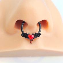 Load image into Gallery viewer, 16G 3/8 Red Gem Black Bleeding Heart Bat Hinged Segment Ring
