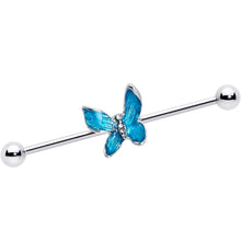 Load image into Gallery viewer, 14G Clear Gem Chunky Butterfly Blue Industrial Barbell 38mm

