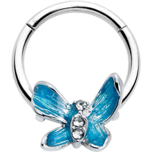 Load image into Gallery viewer, 16G 3/8 Clear Gem Chunky Butterfly Blue Hinged Segment Ring
