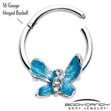 Load image into Gallery viewer, 16G 3/8 Clear Gem Chunky Butterfly Blue Hinged Segment Ring
