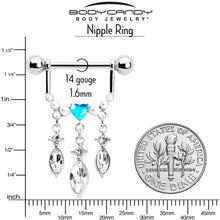Load image into Gallery viewer, 14G 9/16 Blue Gem Heart Triple Drop Dangle Nipple Ring Set
