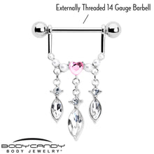 Load image into Gallery viewer, 14G 9/16 Pink Gem Heart Triple Drop Dangle Nipple Ring Set

