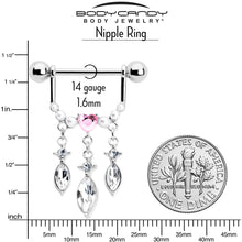 Load image into Gallery viewer, 14G 9/16 Pink Gem Heart Triple Drop Dangle Nipple Ring Set
