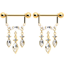 Load image into Gallery viewer, 14G 9/16 Clear Gem Gold Tone Heart Triple Dangle Nipple Ring Set
