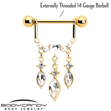 Load image into Gallery viewer, 14G 9/16 Clear Gem Gold Tone Heart Triple Dangle Nipple Ring Set
