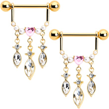 Load image into Gallery viewer, 14G 9/16 Pink Gem Gold Tone Heart Triple Dangle Nipple Ring Set
