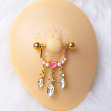 Load image into Gallery viewer, 14G 9/16 Pink Gem Gold Tone Heart Triple Dangle Nipple Ring Set

