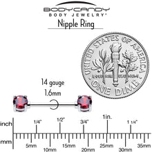 Load image into Gallery viewer, 14G 9/16 Red CZ Gem July Birthstone Nipple Ring Set
