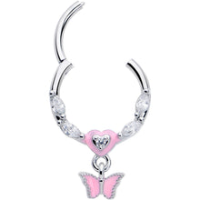 Load image into Gallery viewer, 16G 3/8 Clear CZ Gem Luv Butterfly Pink Dangle Hinged Segment Ring
