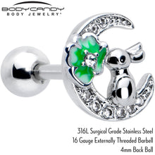 Load image into Gallery viewer, 16G 1/4 Clear CZ Gem Rabbit on the Moon Green Cartilage Earring
