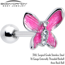 Load image into Gallery viewer, 16G 1/4 Clear Gem Chunky Butterfly Pink Cartilage Tragus Earring
