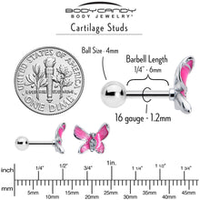 Load image into Gallery viewer, 16G 1/4 Clear Gem Chunky Butterfly Pink Cartilage Tragus Earring
