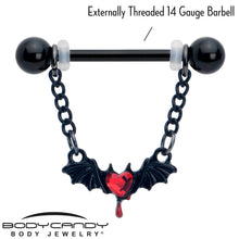 Load image into Gallery viewer, 14G 9/16 Red Gem Black Bleeding Heart Bat Dangle Nipple Ring Set
