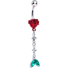 Load image into Gallery viewer, Green Clear Gem Rose Red Chain Dangle Belly Ring
