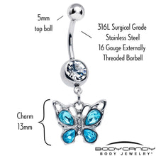 Load image into Gallery viewer, Blue Gem Butterfly Beauty Bling Dangle Belly Ring
