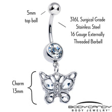 Load image into Gallery viewer, Clear Gem Butterfly Beauty Bling Dangle Belly Ring
