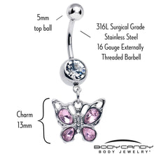 Load image into Gallery viewer, Pink Gem Butterfly Beauty Bling Dangle Belly Ring
