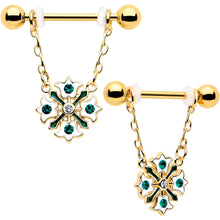 Load image into Gallery viewer, 14G 9/16 Green Gem Gold Tone Flower Wreath Dangle Nipple Ring Set
