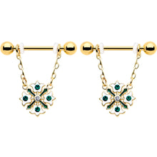 Load image into Gallery viewer, 14G 9/16 Green Gem Gold Tone Flower Wreath Dangle Nipple Ring Set
