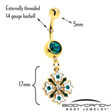 Load image into Gallery viewer, Green Gem Gold Tone Flower Wreath Dangle Belly Ring
