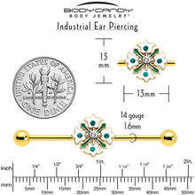 Load image into Gallery viewer, 14G Green Gem Gold Tone Flower Wreath Industrial Barbell 38mm
