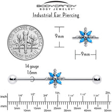 Load image into Gallery viewer, 14G Blue CZ Gem Classic Flower Industrial Barbell 38mm
