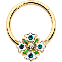 Load image into Gallery viewer, 16G 3/8 Green Gem Gold Tone Flower Wreath Hinged Segment Ring
