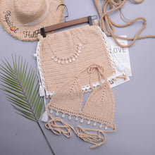 Load image into Gallery viewer, Bikini Set Woman Crochet Shell Tassel Bikini Top And Seashell Beach Skirt Lace See Through Bikini Women Beach Summer 2 Piece Outfits Crochet Mesh Bikini Top and Skirt Set
