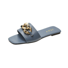 Load image into Gallery viewer, Women Sandals Design Gold Chain Closed Toe Slip On Mules Shoes Flat Heels Square Head Casual Slides Summer Slippers Open Toe Flat Sandals Metal Chain PU Leather Slides Shoes

