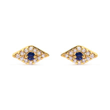 Load image into Gallery viewer, 10K Yellow Gold Blue Sapphire and Diamond Accent Evil Eye Stud Earring (H-I Color, I1-I2 Clarity)

