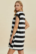 Load image into Gallery viewer, Full Size Striped Round Neck Cap Sleeve Mini Dress For Women – Striped Mini Dress, Full-Size Round Neck Dress, Comfortable Cap Sleeve Dress, Chic Striped Dress, Flattering Mini Dress, Casual Everyday Dress, Versatile Striped Dress
