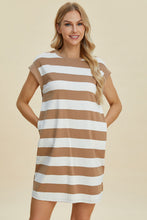 Load image into Gallery viewer, Full Size Striped Round Neck Cap Sleeve Mini Dress For Women – Striped Mini Dress, Full-Size Round Neck Dress, Comfortable Cap Sleeve Dress, Chic Striped Dress, Flattering Mini Dress, Casual Everyday Dress, Versatile Striped Dress
