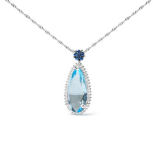 Load image into Gallery viewer, 18K White Gold 3/8 Cttw Pave Set Diamond and Sky Blue Topaz and Blue Sapphire Gemstone Floral Teardrop Halo 18" Pendant Necklace (G-H Color, SI2-I1 Clarity)
