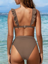 Load image into Gallery viewer, New Elegance Curve V-Neck Bikini Set – Sleek Solid Color High Waist Swimsuit with High-Cut Leg and Delicate Lettuce Trim – Stretch Comfort and Easy-Care Two-Piece Swimwear for Women’s Poolside Style
