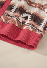 Load image into Gallery viewer, Retro Unique Geometric Print Corduroy Trim Button-Up Jacket Classic Modern Deep Rose Jacket
